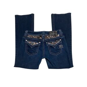 Y2K Miss Me Easy Boot Low Rise Womens Jeans Dark Wash Sequin Back Flap Pockets